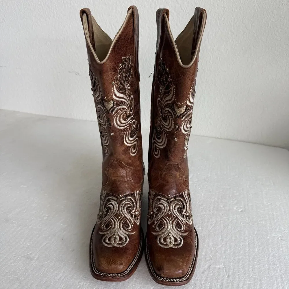 Stiefeld Handcrafted Leather Western Boots Women 8.5 Floral Embroidered Crystal